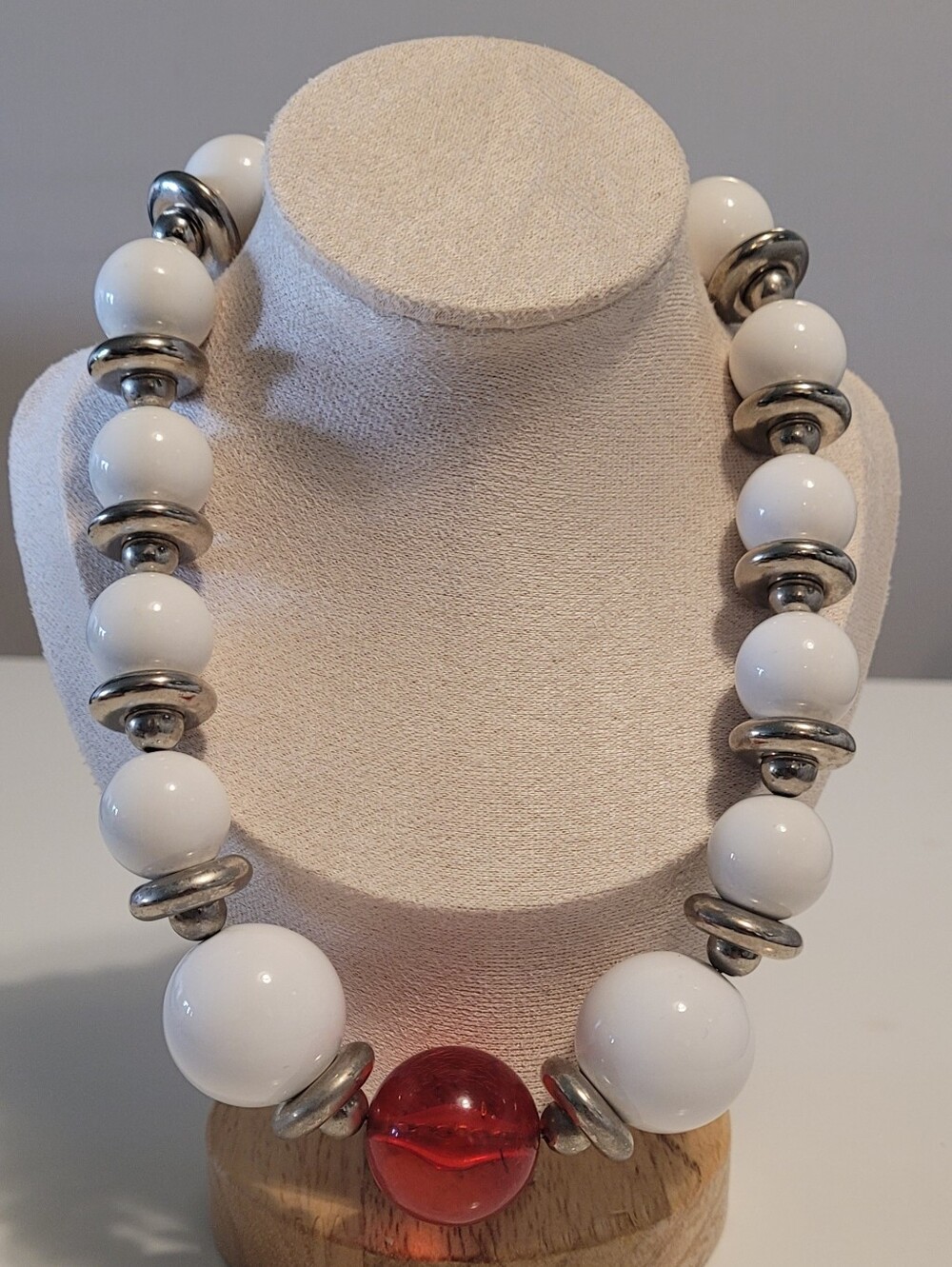 Vintage Signed Statement Necklace | White Lucite Beads & Jello Red Centre Bead